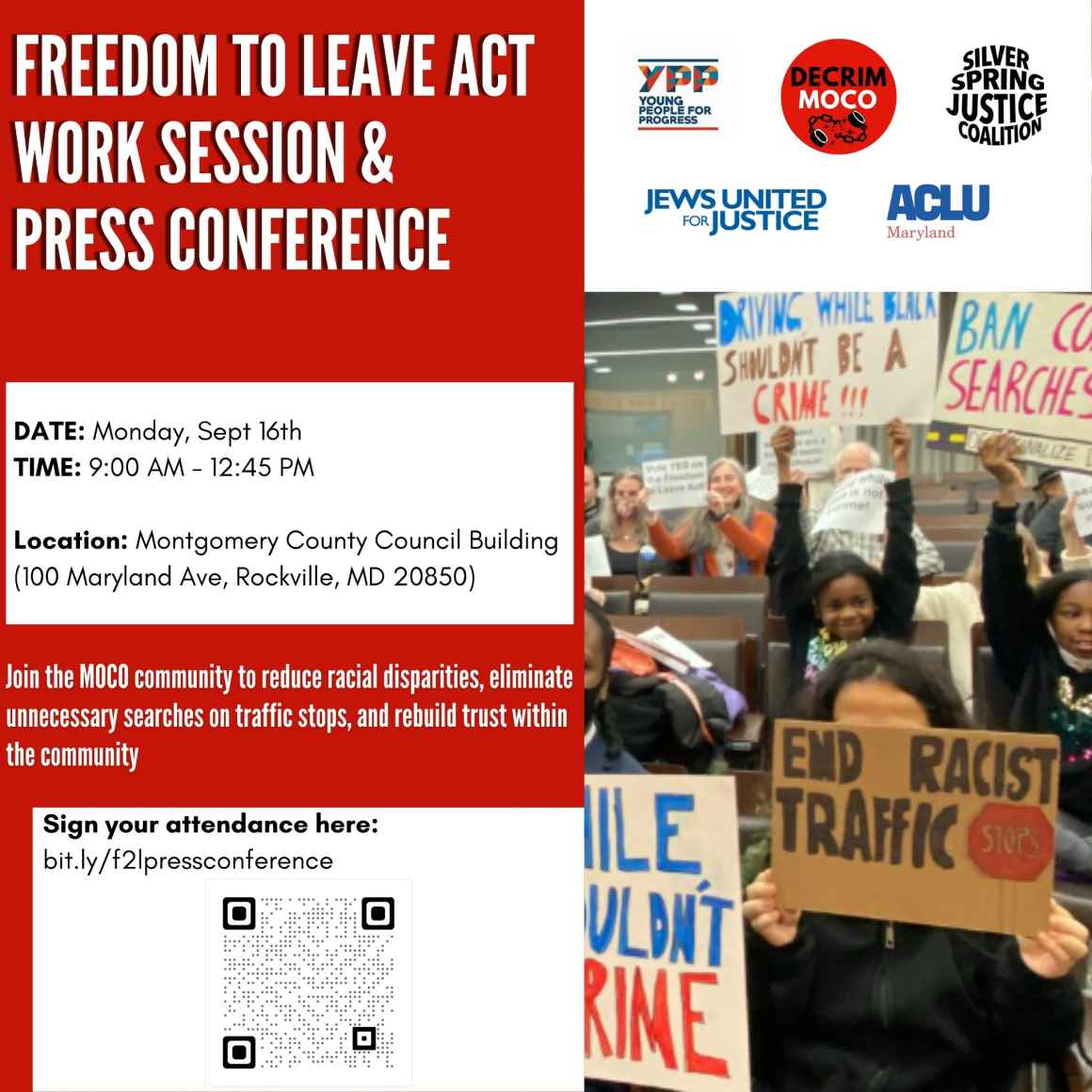 Freedom to Leave Act Works Session and Press Conference, Monday, September 16, at the front of the Montgomery County Council Building.