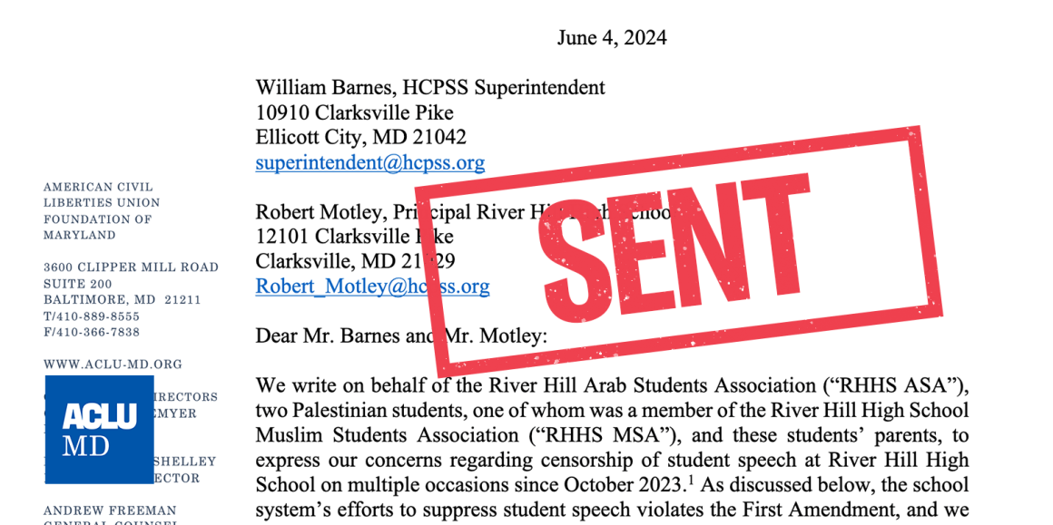SENT stamp over first page of a letter sent to Howard County school system.