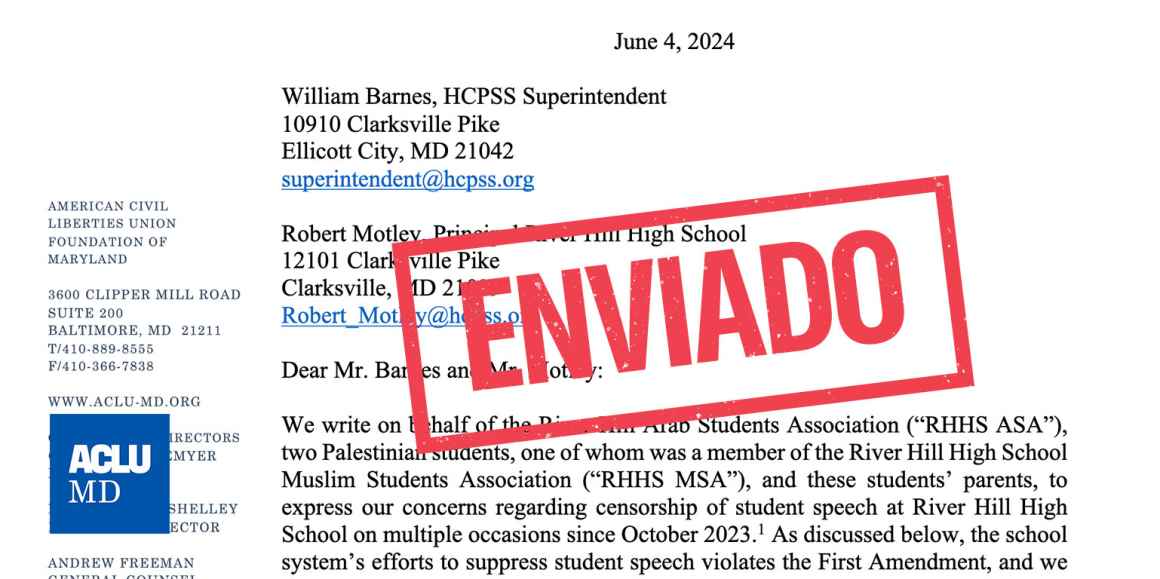 SENT stamp over first page of a letter sent to Howard County school system.