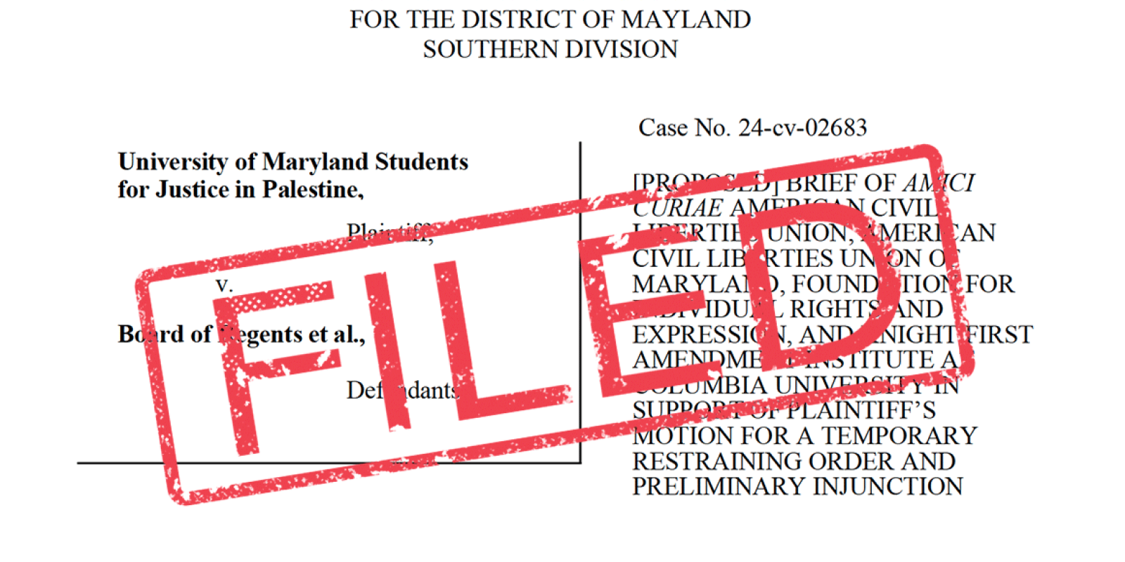 FILED stamp over an amicus brief filed supporting University of Maryland students' free speech rights supporting Palestine.