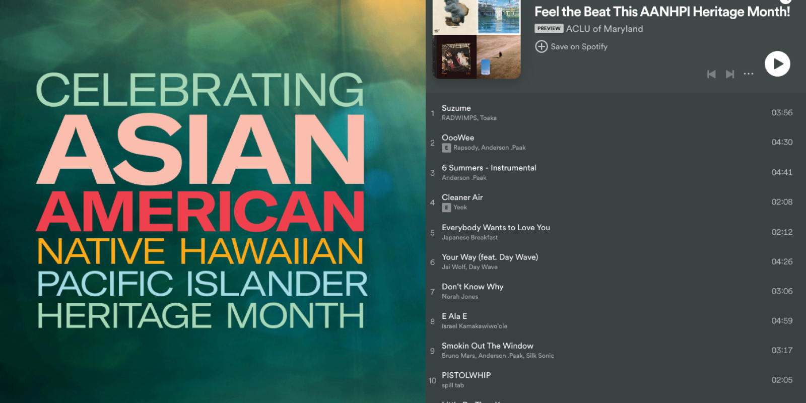 Celebrating Asian American Native Hawaiian Pacific Islander Heritage Month spotify playlist.