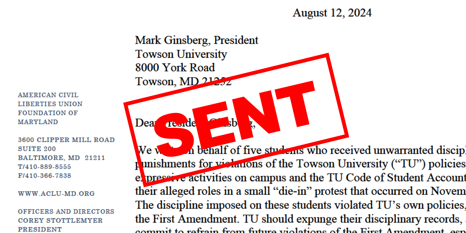 SENT stamp over letter ACLU of Maryland sent to Towson University.