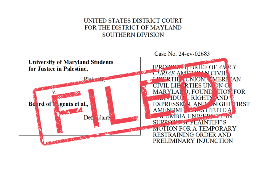 FILED stamp over an amicus brief filed supporting University of Maryland students' free speech rights supporting Palestine.