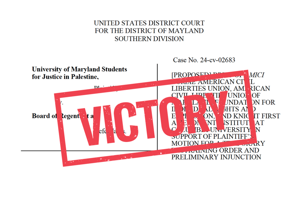 VICTORY stamp over an amicus brief filed supporting University of Maryland students' free speech rights supporting Palestine.