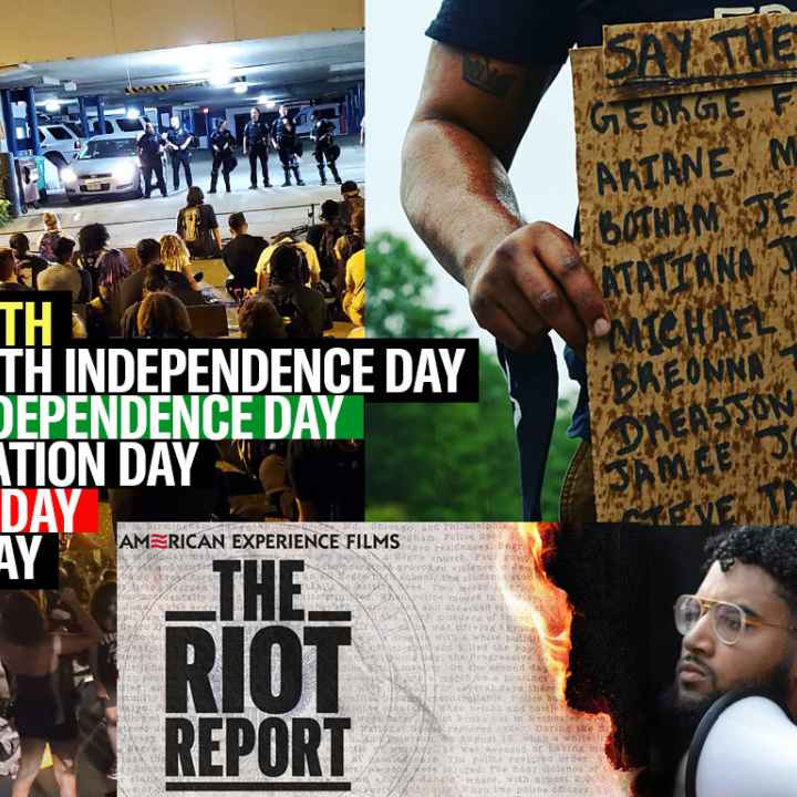 Juneteenth collage image with protest photos and a poster for the PBS documentary, "The Riot Report." Nehemiah Bester is in the photos and took the others.